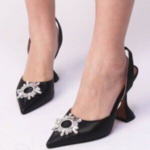 MICXKLZO Black Slingback Pointed Toe High Heels Slip On Heeled Sandals Shoes